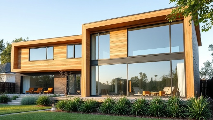 Modern sustainable luxury home with natural wood finishes and clean geometric lines under a bright morning sky.