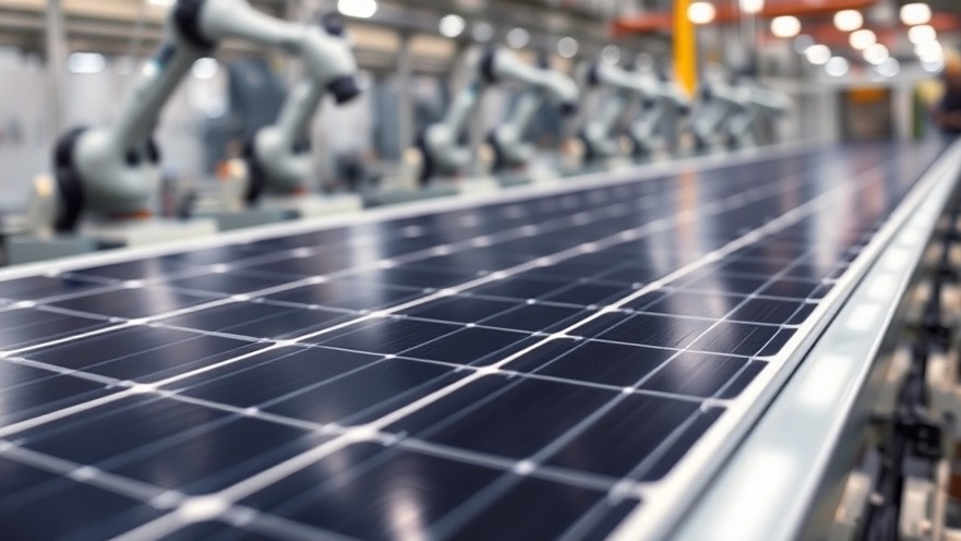 An advanced solar panel with heterojunction cells moving through an automated manufacturing assembly line.