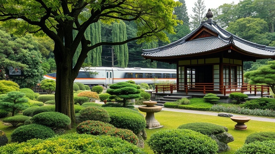 Tranquil Japanese garden with tea house, showcasing eco-friendly travel and vibrant greenery.