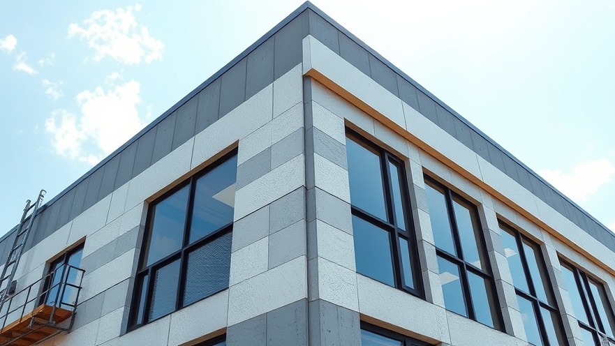Photorealistic close-up of high-efficiency insulation panels and modern window installation on a commercial building envelope.