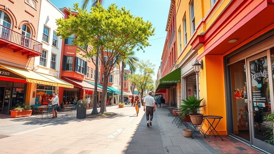 Vibrant local neighborhood promoting green consumerism with eco-friendly cafes and shops.