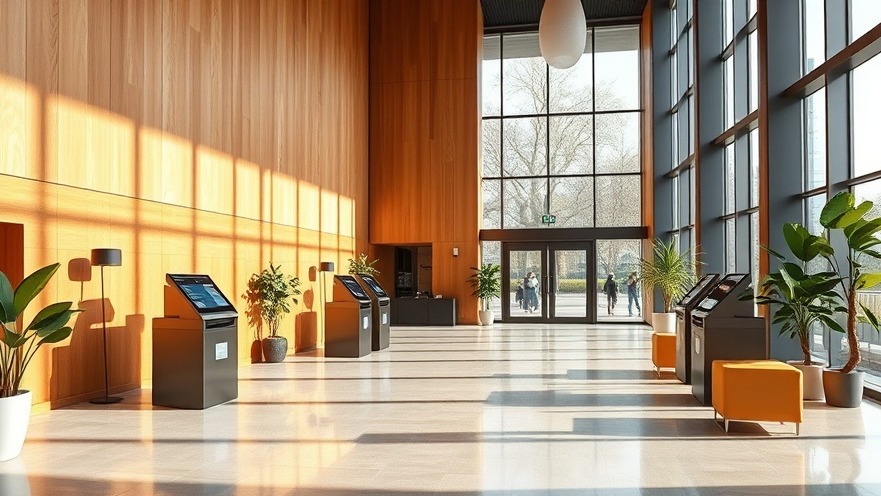 A bright and modern eco-friendly hotel lobby featuring minimalist digital check-in kiosks and sustainable wood designs under natural light.