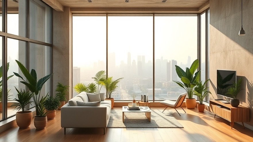 Bright, sustainable apartment living room interior inside an adaptive-reuse urban high-rise conversion with large energy-efficient windows.