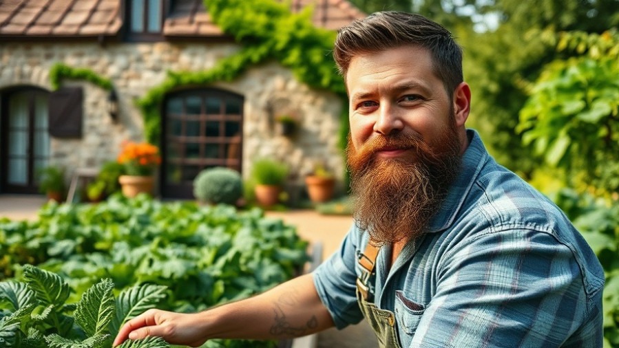 Man in rustic garden showcasing sustainable home design with vibrant vegetable plants.
