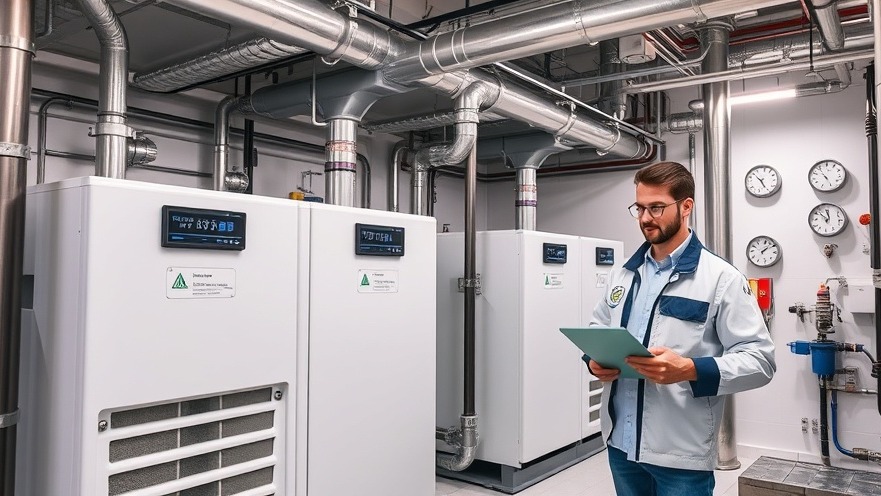 Commercial hotel variable refrigerant flow HVAC system and energy efficient heat recovery piping inside a modern mechanical room.