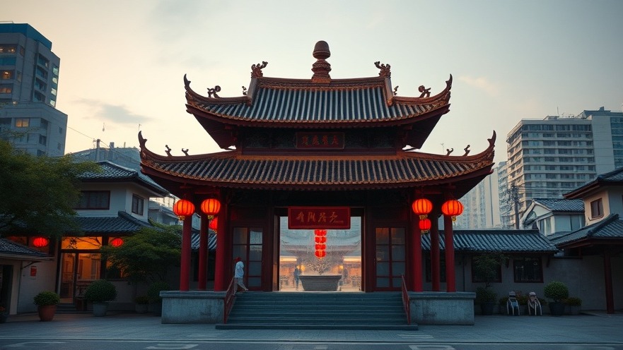 Photorealistic Chinese temple, showcasing marine biodiversity amidst climate change in China.
