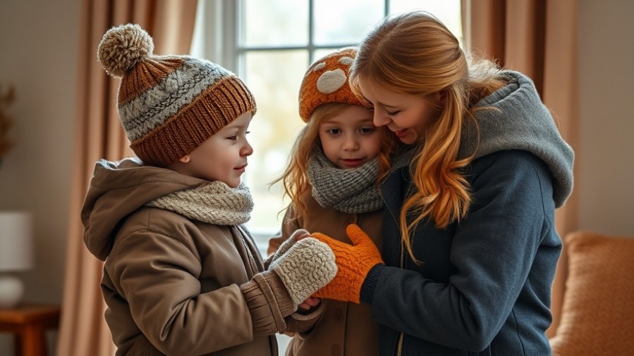 Mom dressing kids in cozy sustainable winter accessories in a soft-lit indoor setting.