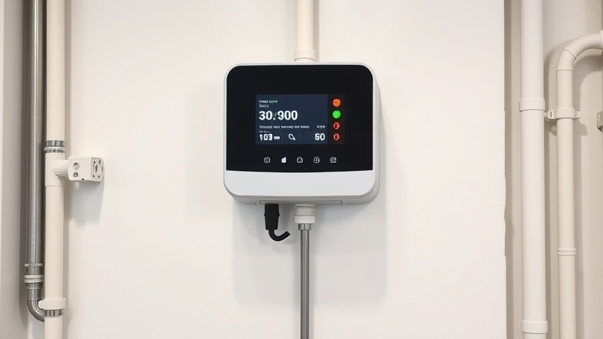 Digital smart-grid energy monitor installed on a utility wall to track power use in a sustainable building.