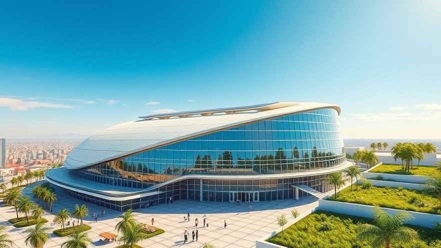Exterior architectural view of a modern sustainable convention center featuring large rooftop solar arrays and green building design.