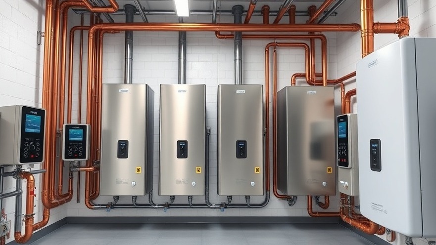 Commercial mechanical room showing a cascade wall assembly of high-efficiency stainless steel tankless water heaters.