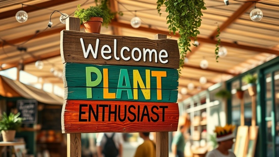 Welcome Plant Enthusiasts sign in sunny eco-friendly gardening setting with rustic charm.