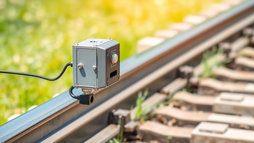A smart tracking sensor attached to a heavy steel high-speed rail line to monitor structural safety.