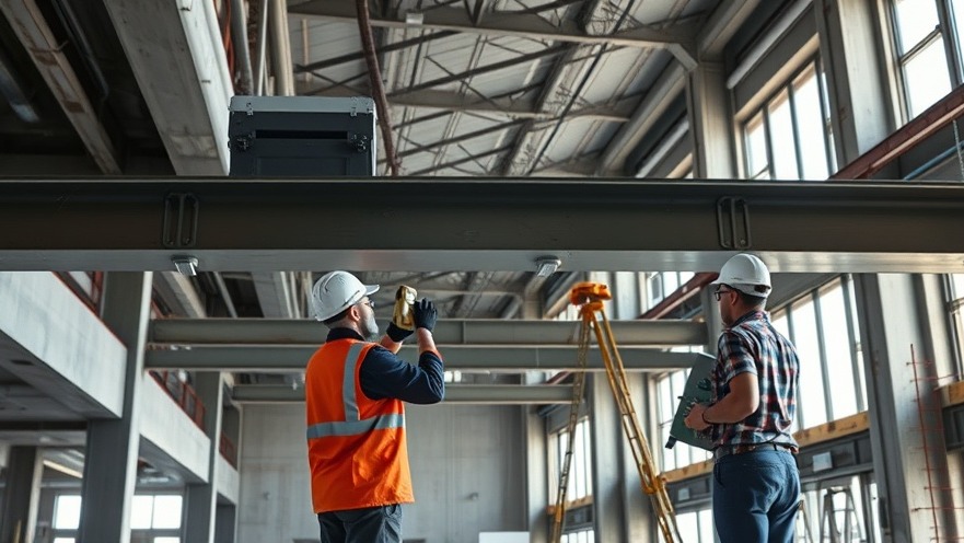 Structural engineers using diagnostic equipment on load-bearing steel beams during a commercial building conversion project.