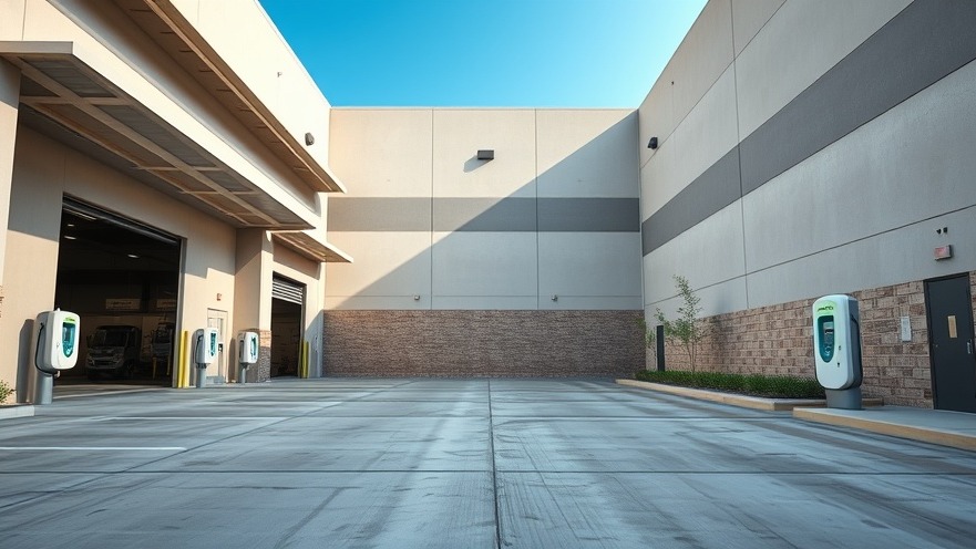Modern commercial warehouse facility exterior featuring heavy duty electric vehicle fleet charging stations and sustainable structural landscaping buffers.