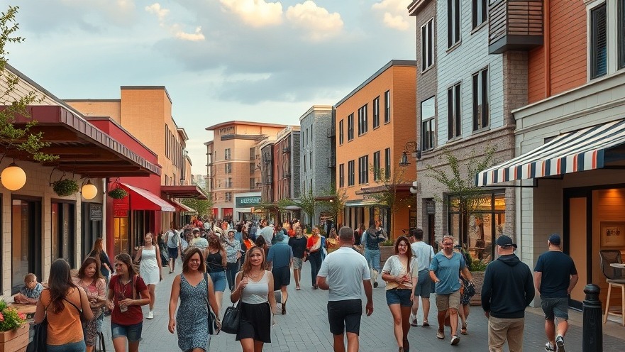 Dynamic crowd enjoying a modern suburban mixed-use development, highlighting facility maintenance automation.