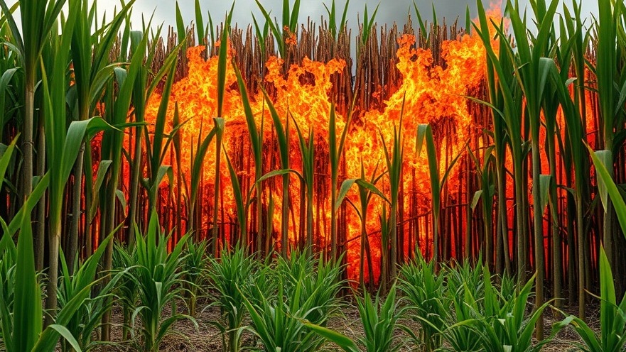 Photorealistic image showcasing fire in sugarcane field, symbolizing sustainable development.
