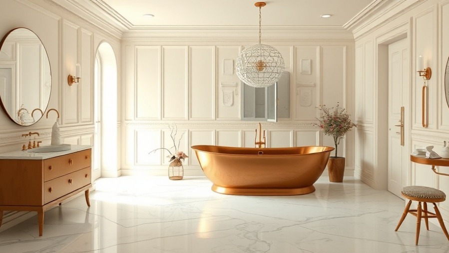 Luxurious cream bathroom with a modern copper bathtub for eco-friendly home upgrades.