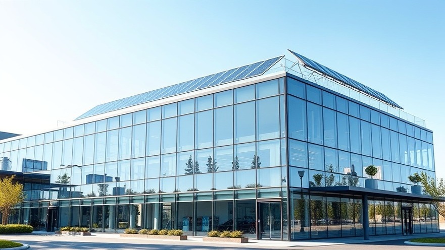 Modern commercial real estate facility featuring high-efficiency architectural glass and sustainable rooftop infrastructure under bright sunlight.