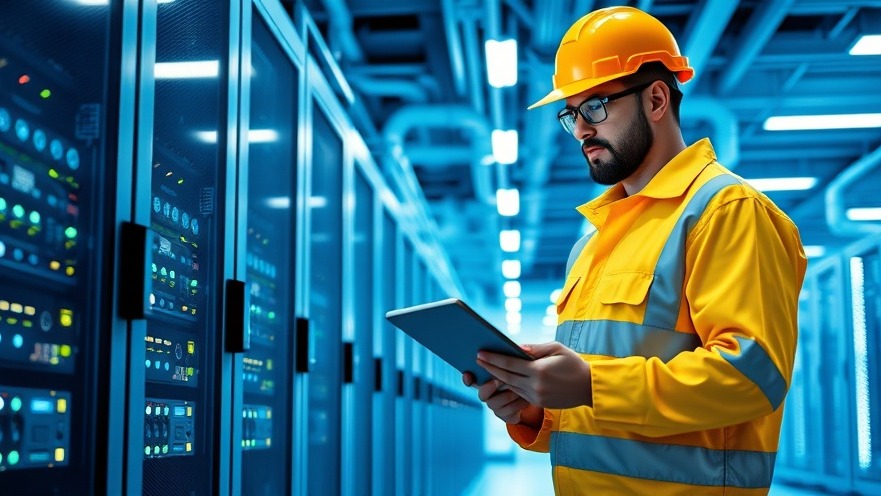 Data center technician inspecting server rack infrastructure and liquid cooling loops during a peak-demand load flexibility cycle.