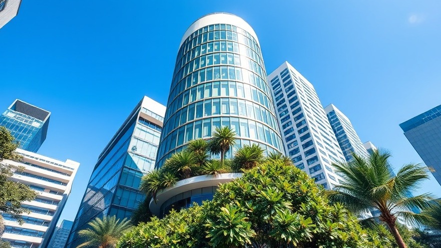 Modern cityscape showcasing energy efficiency with green plants and a glass facade.