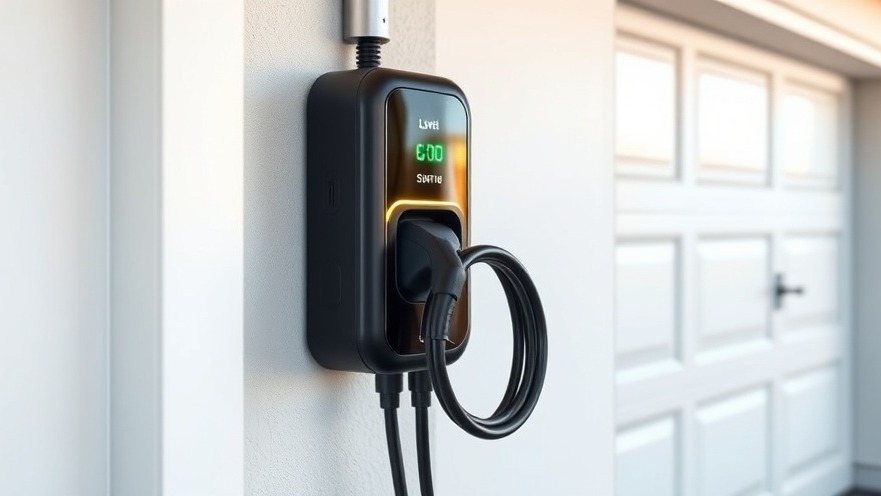 Labeled smart home EV charger with heavy duty cable tracking residential energy utilization metrics on garage wall.