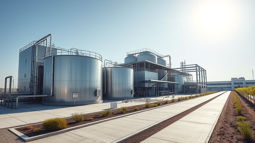 A modern industrial landfill leachate treatment facility featuring advanced chemical filtration infrastructure under a clear sky.
