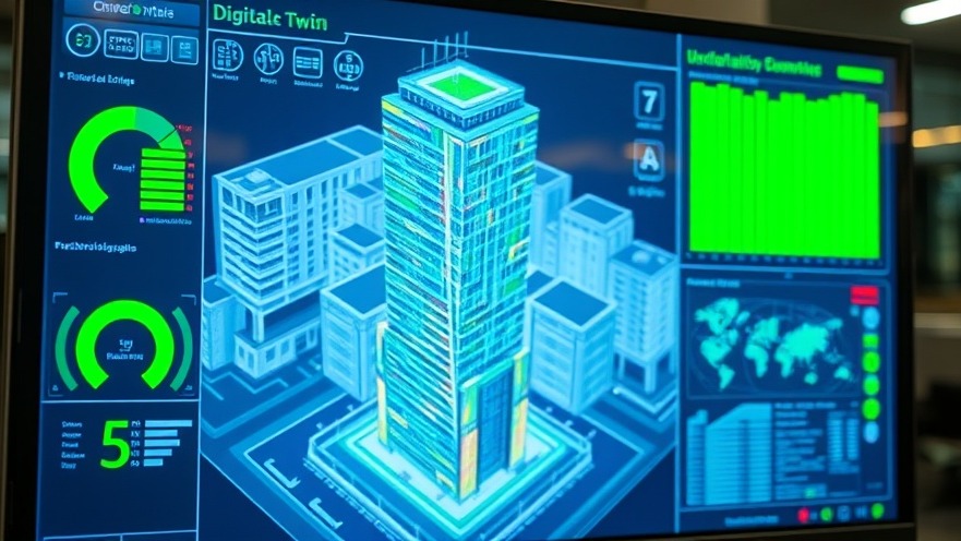 Advanced building management system displaying a high-resolution 3D digital twin energy-flow analysis on a control room monitor.