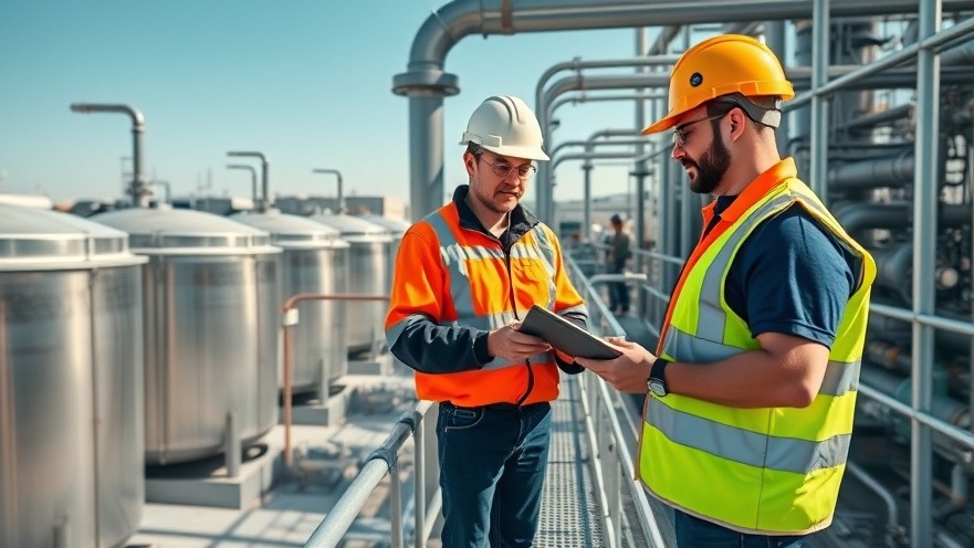Advanced industrial biogas upgrading facility with pressure swing adsorption columns and plant technicians monitoring methane extraction systems.