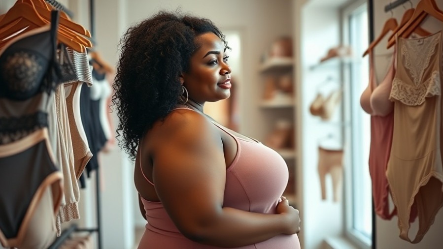 Confident plus-size woman exploring sustainable fashion in eco-friendly underwear.