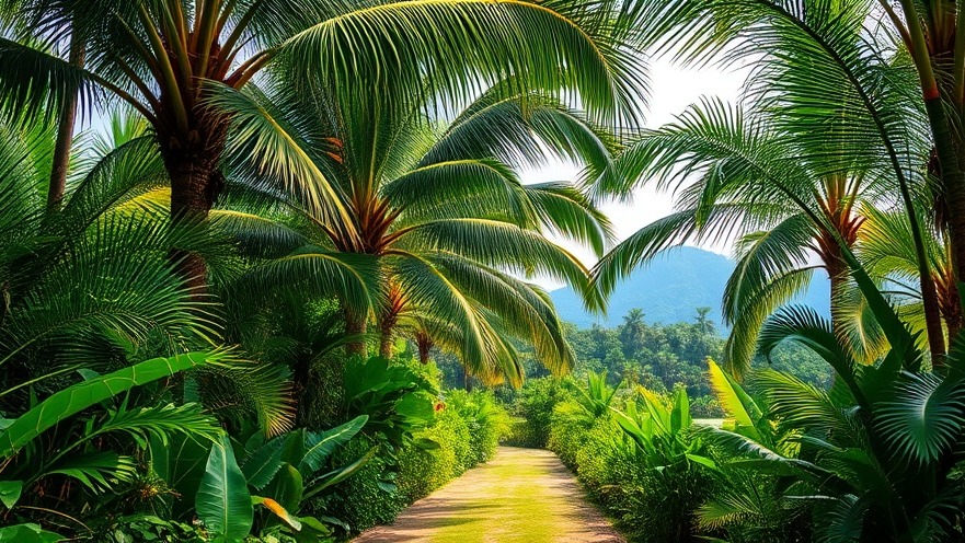 Photorealistic eco-friendly gardening pathway in a lush tropical garden.