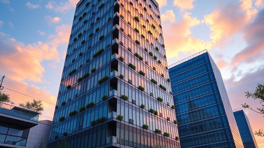 Photorealistic wide shot of a futuristic sustainable commercial office building featuring green architectural balconies and clean exterior design.