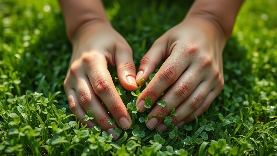Close-up of hands tending to lush micro clover, showcasing eco-friendly gardening and water conservation.