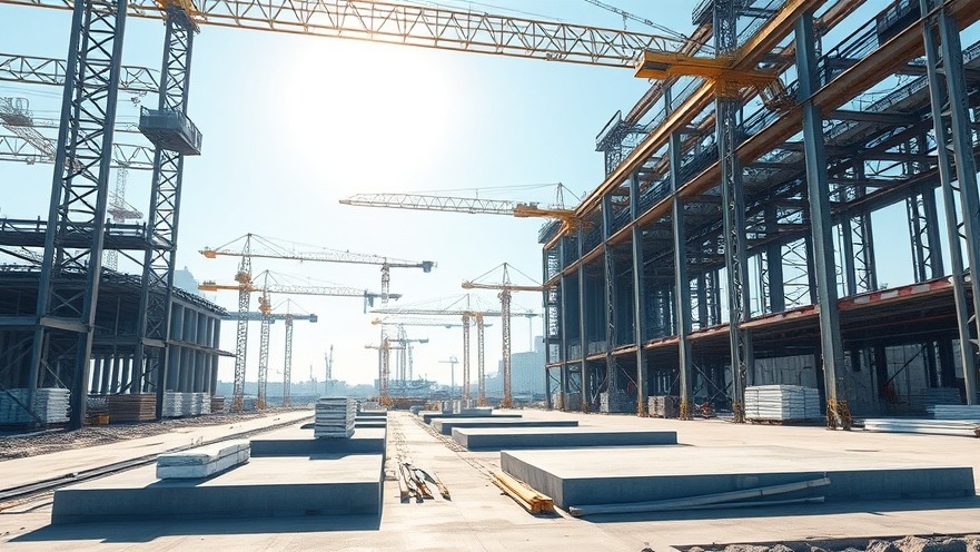 A modern industrial data center construction site featuring large structural steel frames and clean concrete foundations under a clear afternoon sky.