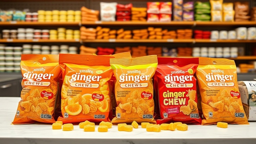 Display of eco-friendly ginger chews showcasing various flavors, highlighting ginger health benefits.