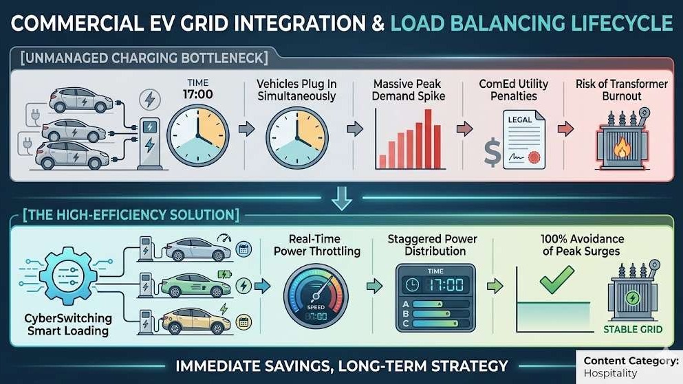Commercial EV Grid Integration & Load Balancing Lifecycle Infographic