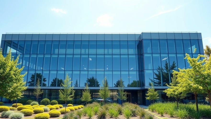 Text: High performance sustainable commercial building architecture with modern glass facade and green landscaping under a clear sky.