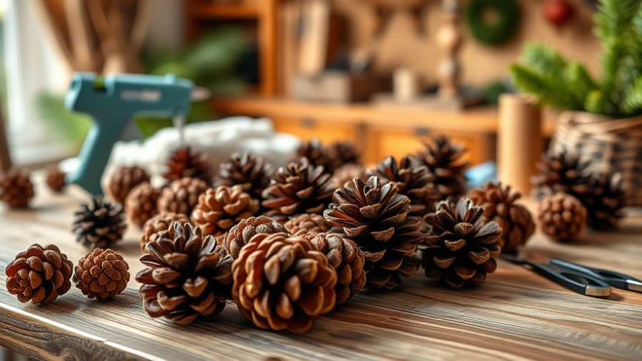 Eco-friendly gardening supplies on a craft table with pine cones and glue gun.