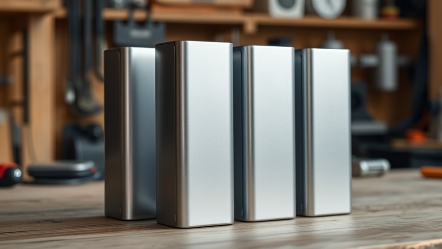 Photorealistic silver lithium-ion battery packs showcasing eco-friendly practices in sustainable home design.