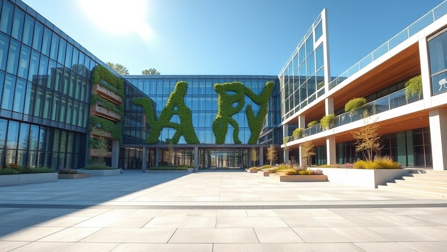 Exterior view of a modern sustainable corporate headquarters building featuring energy efficient architecture and green building design under a clear afternoon sky.