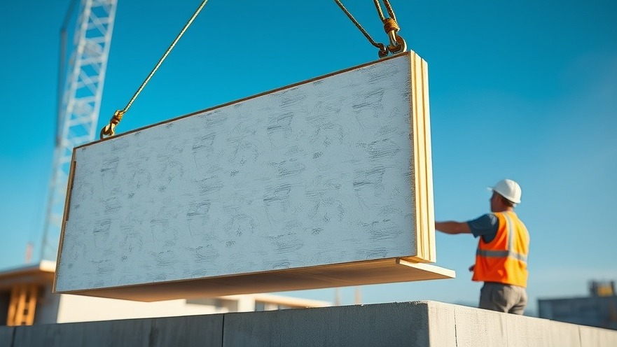 A structural insulated panel with exposed rigid insulation is lowered by crane onto a commercial building foundation.