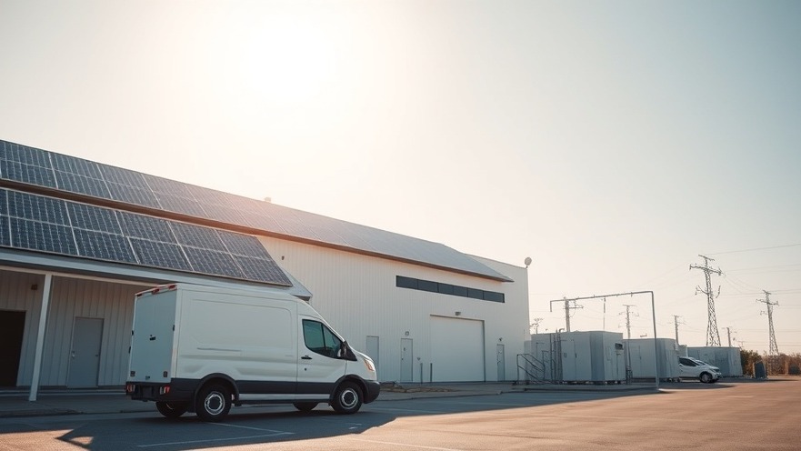 A modern commercial facility incorporating advanced clean energy systems and smart utility infrastructure under a clear sky.