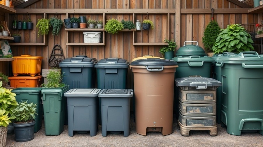 Eco-friendly gardening compost bins in a photorealistic garden shop.