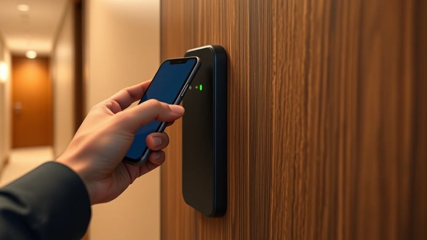 A traveler using a smartphone app to open a modern digital hotel room door lock.
