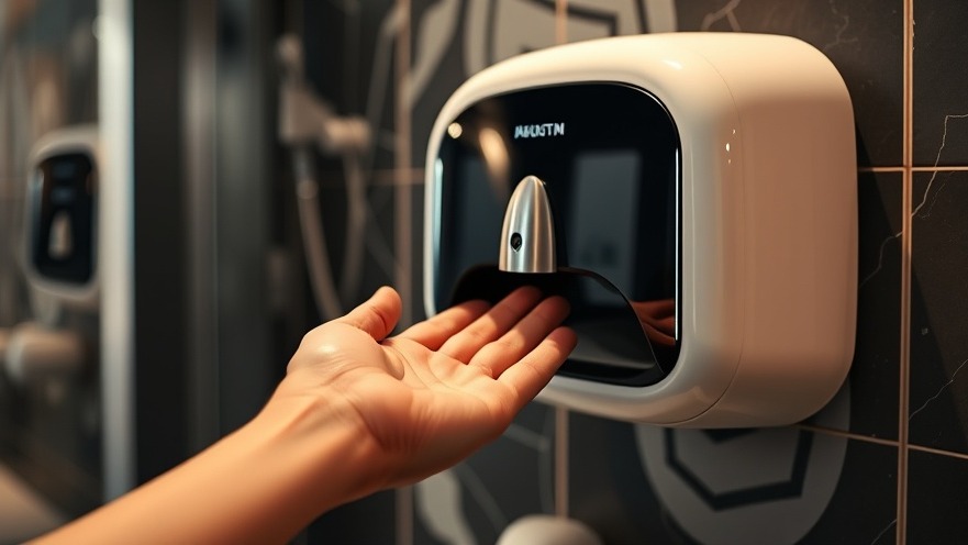Close-up of a modern automatic hand dryer in eco hospitality, highlighting sustainable lodging operations.