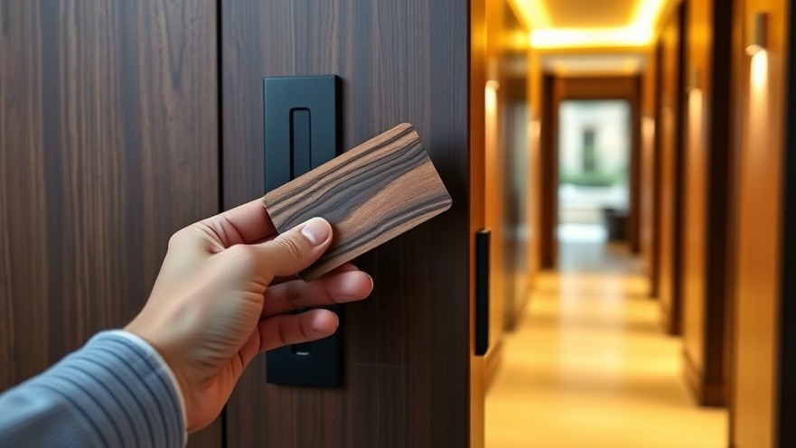 Elegant walnut key card unlocking modern hotel door, highlighting efficient energy management.