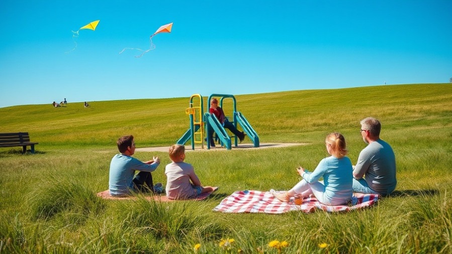 Families enjoying eco-conscious practices in a park, playing and picnicking sustainably.