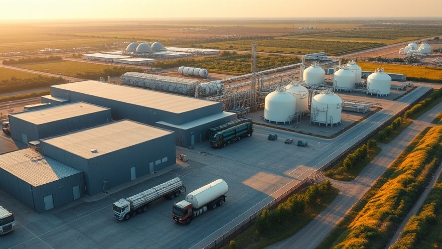 High-angle aerial view of a commercial renewable natural gas upgrading plant and pipeline injection infrastructure under late-afternoon sunlight.