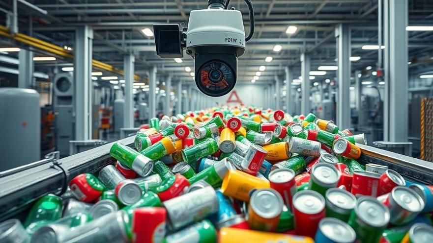 AI-powered computer vision camera system analyzing recyclable materials on a high-speed conveyor belt in a material recovery facility.