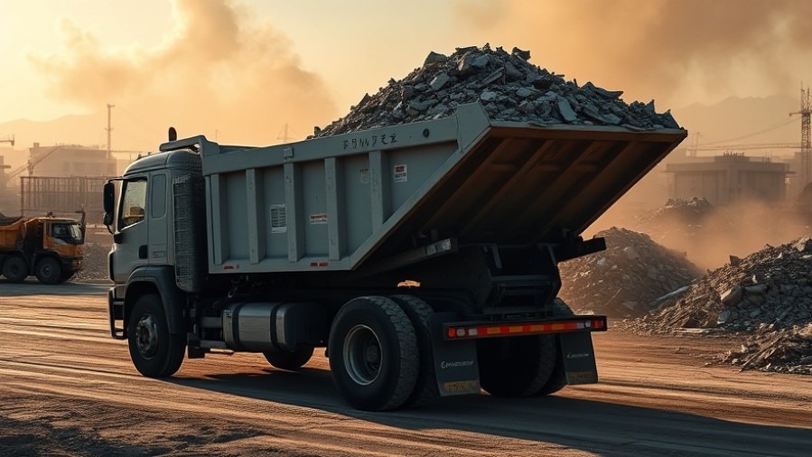 Heavy-duty dump truck unloading rubble for energy efficiency in construction.