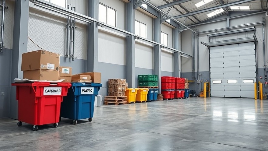 Clean and organized color-coded recycling bins inside a modern commercial industrial warehouse loading bay.